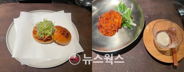 닭가슴 연골을 패티로 활용한 '치킨버거(왼쪽)', 매콤한 '특수 닭 불고기'와 함께 제공된 막걸리 식초 (사진=김다혜 기자)