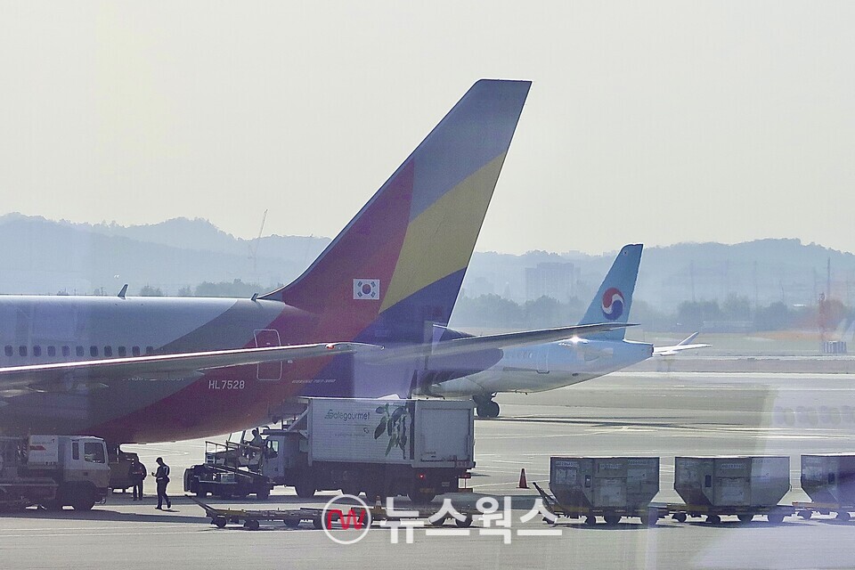 아시아나항공 항공기와 대한항공 항공기가 김포공항 계류장에서 대기 중이다. (사진=정민서 기자)