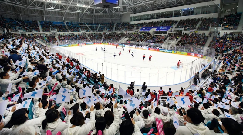 2018 평창 동계올림픽에서 관객들이 남북 단일팀을 응원하고 있다. (사진제공=강원동계청소년올림픽 조직위)