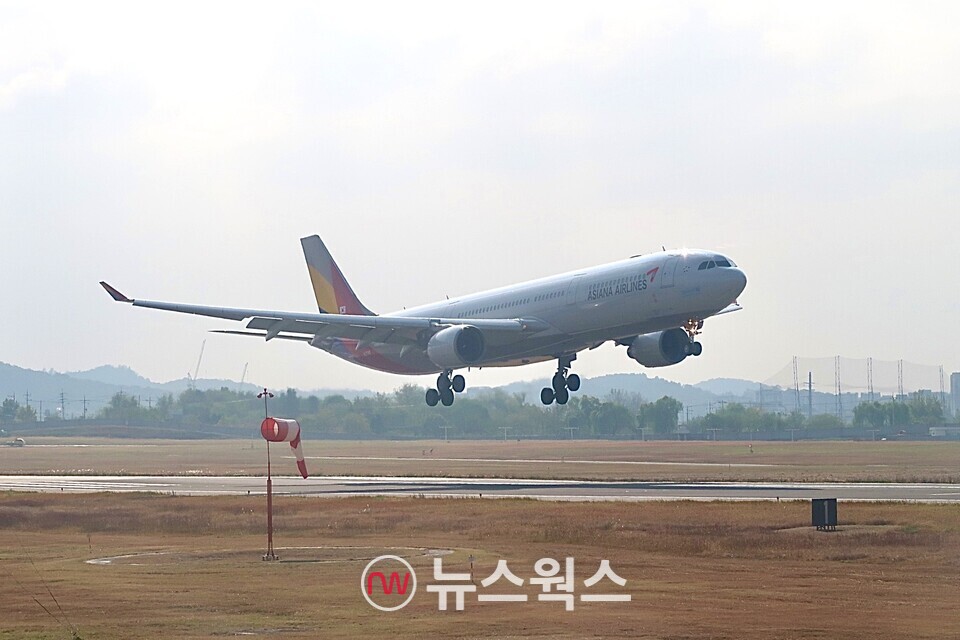 ​아시아나항공 항공기가 김포공항에 착륙하고 있다. (사진=정민서 기자)