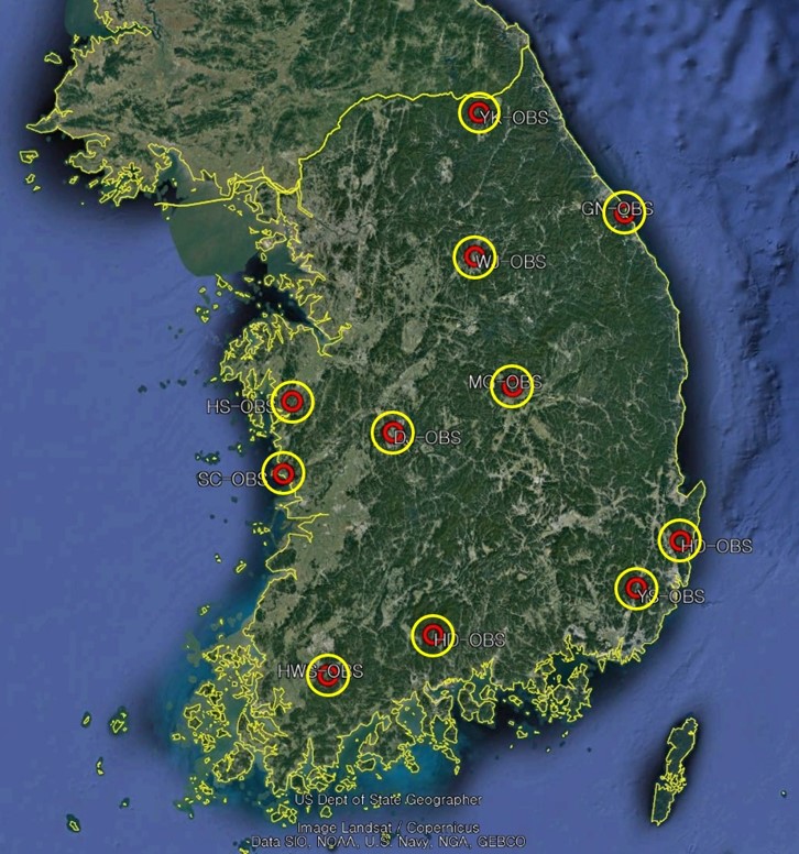 일본 7.6 지진의 영향으로 문경·강릉·양구지하수 관측정에 수위 변화가 감지됐다. (지도제공=지질자원연구원)