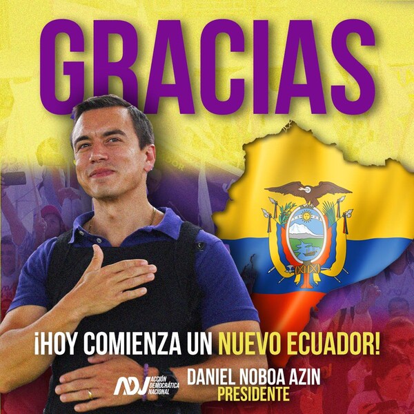 다니엘 노보아 아신 에콰도르 대통령 당선인이 자신의 SNS로 당선 감사를 표했다. (사진=다니엘 노보아 아신 페이스북 캡처)