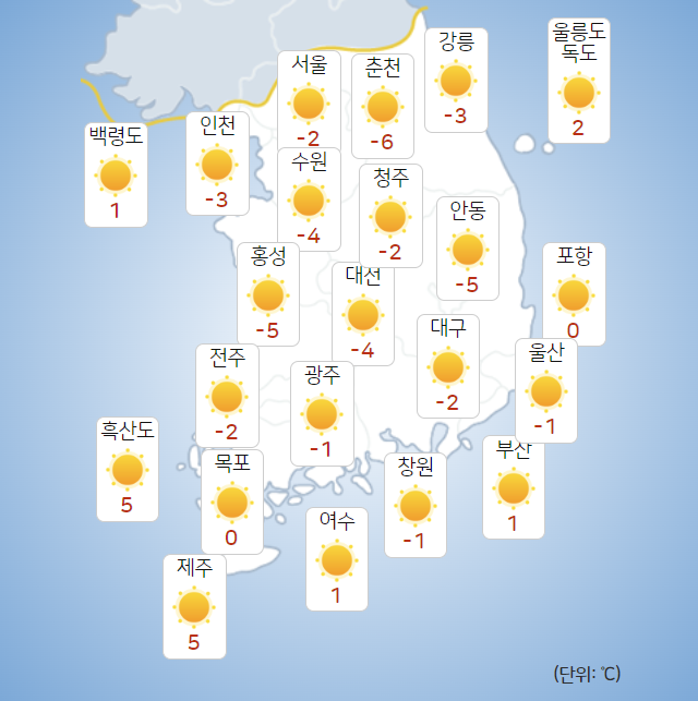 12일 오전 주요 지역별 최저기온. (출처=기상청 날씨누리)