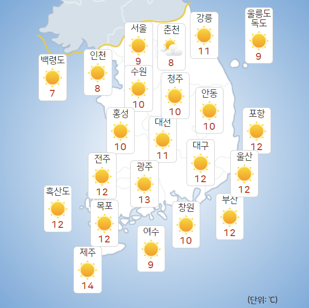 12일 오후 주요 지역별 최저기온. (출처=기상청 날씨누리)