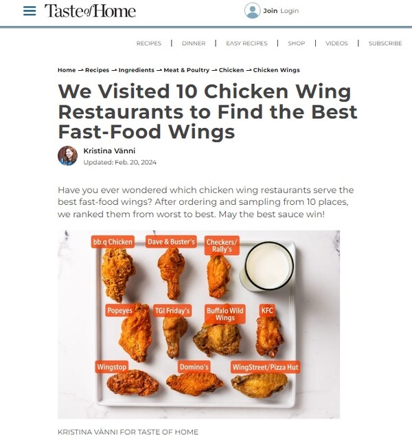 미국 유명 푸드 매거진인 테이스트 오브 홈(Taste of Home)은 7개 치킨 브랜드를 비교해 BBQ 치킨을 1위로 선정했다. (출처=테이스트 오브 홈)