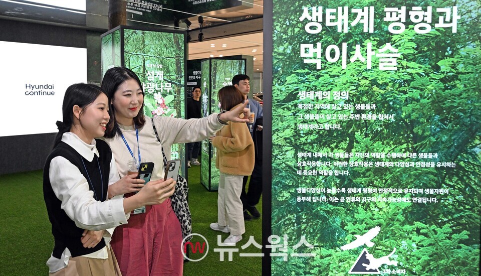 현대차 임직원들이 서울 양재동 본사 사옥 1층에 설치된 생물다양성 보존 캠페인 '컬러풀 라이프' 전시 공간을 둘러보고 있다. (사진제공=현대차)