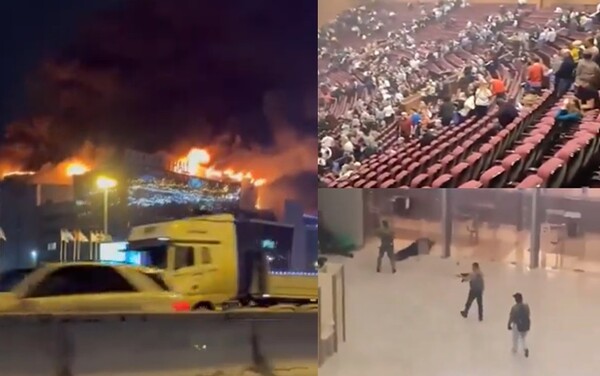 러시아 모스크바 외곽에 위치한 크로커스 시티홀이 총격 테러로 인해 화재에 휩싸였다. 이번 사건은 무장 괴한이 공연장에 난입해 발생했다. (사진출처=엑스(X))