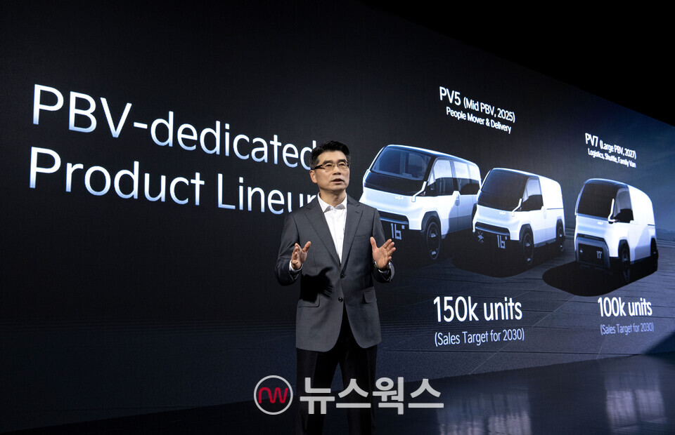 송호성 기아 사장이 2025년 PV5를, 2027년 PV7을 출시해 PBV 사업을 강화한다고 밝히고 있다. (사진제공=기아)