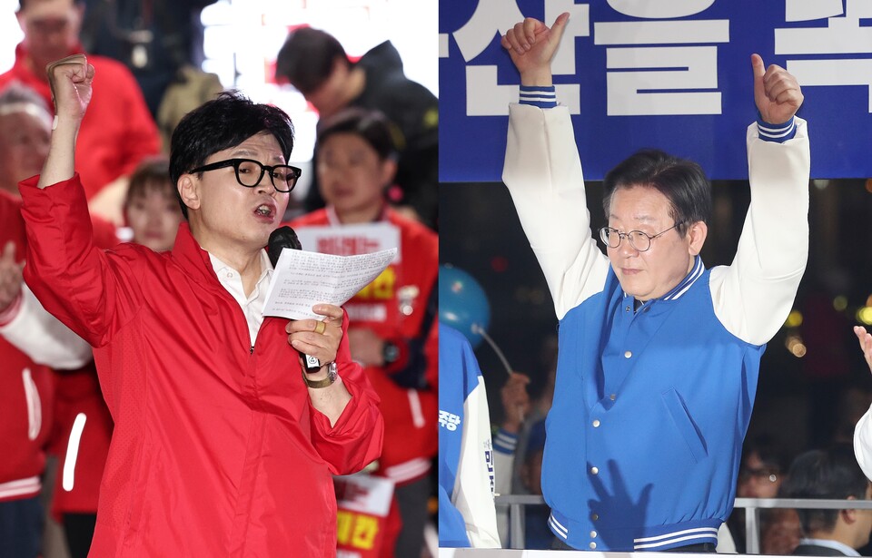 한동훈 국민의힘 비상대책위원장 겸 총괄선대위원장(왼쪽)과 이재명 더불어민주당 대표가 선거운동 마지막날인 9일 지지를 호소하고 있다.(사진=뉴스1)