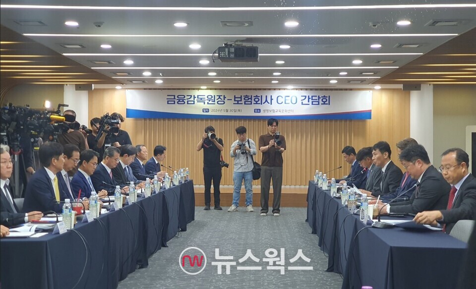 이복현 금융감독원장과 주요 보험사 대표들이 지난달 30일 서울 종로구 생명보험교육문화센터에 모여 간담회를 진행하고 있다. (사진=백종훈 기자)