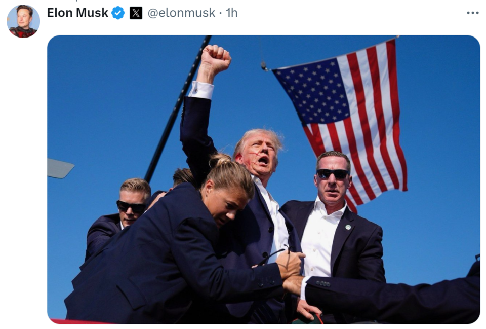 도널드 트럼프 전 대통령의 대선 유세장에서 총격 사건이 발생했다. 일론 머스크는 총격사건 사진을 엑스(X)에 게시하면 트럼프 지지선언을 했다.(출처=일론 머스크 X 갈무리)