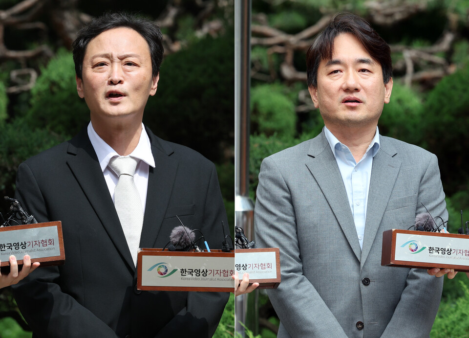 류광진 티몬 대표(왼쪽)와 류화현 위메프 대표가 2일 서울 서초구 서울회생법원에서 열린 기업 회생 개시 여부를 결정하기 위한 대표자 심문에 출석해 언론 인터뷰에 응하고 있다. (사진=뉴스1)