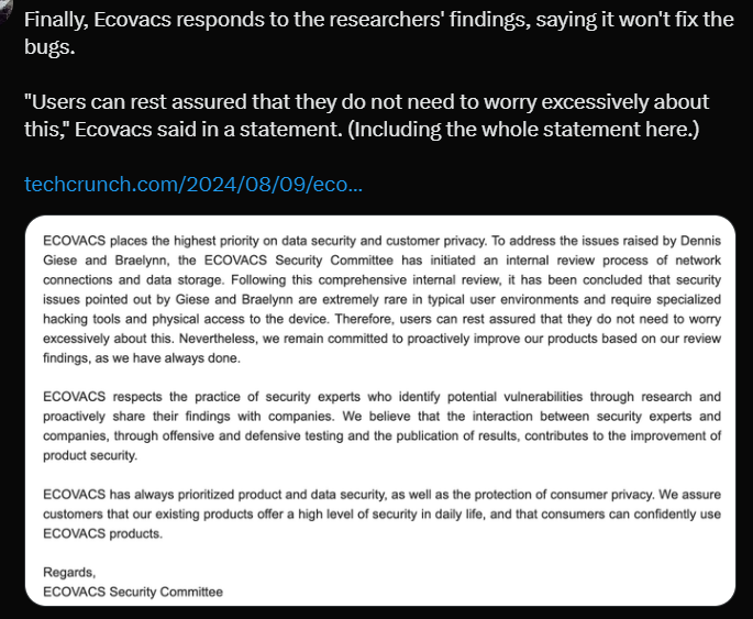 해커이자 연구원인 데니스 기스는 자신의 엑스를 통해 에코백스 로봇청소기와 잔디깎이 기계에서 마이크와 카메라를 켜놓으면 보안의 결점을 이용할 수 있다는 점을 발견했다고 글을 올렸다. (출처=데니스 기스 엑스)