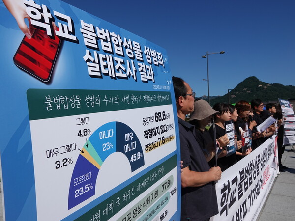 전국교직원노동조합이 지난 29일 서울 종로구 정부서울청사 앞에서 학교 불법합성물(딥페이크) 성범죄 실태조사 결과를 발표하고 있다. (사진제공=전국교직원노동조합)