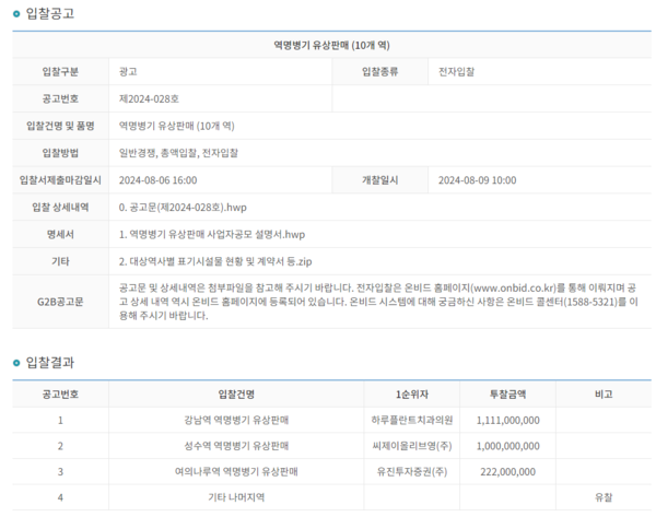 서울교통공사가 지난달 진행한 역명 병기 사업 입찰 공고문. (출처=서울교통공사 홈페이지)