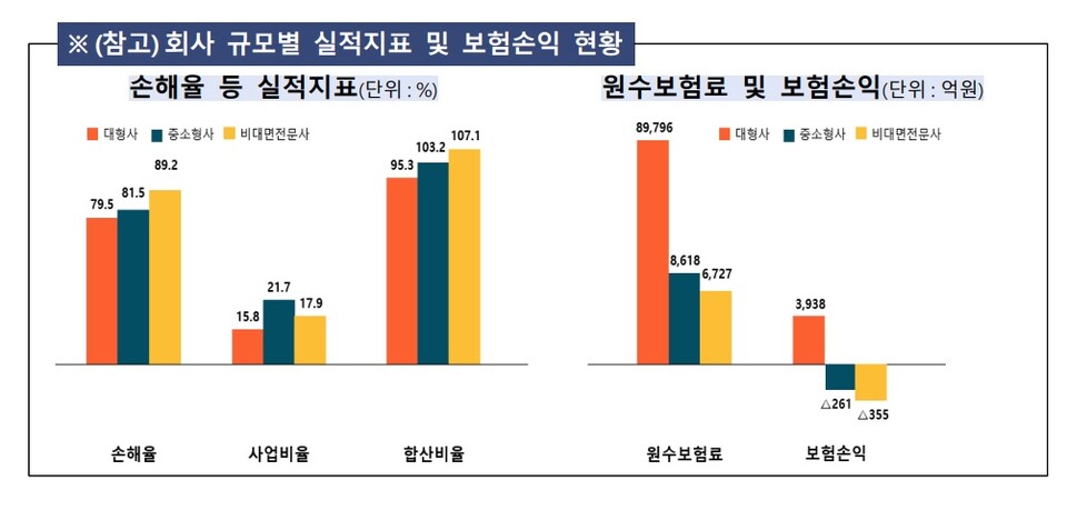 보험사 규모별 실적지표 및 보험손익 현황. (그래프=금감원)