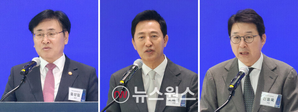 유상임(왼쪽부터) 과기정통부 장관, 오세훈 서울시장, 신동욱 국회의원이 축사와 축하 메시지를 말하고 있다. (사진=박광하 기자)
