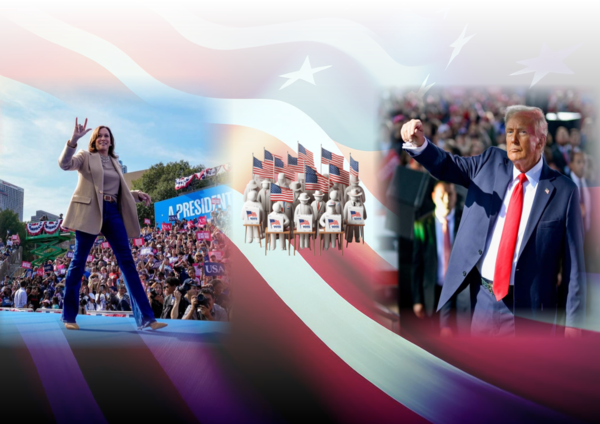 카멀라 해리스(왼쪽) 민주당 후보와 도널드 트럼프 공화당 후보 간 제47대 미국 대통령 선거 개표가 시작됐다. (그래픽=미리캔버스)