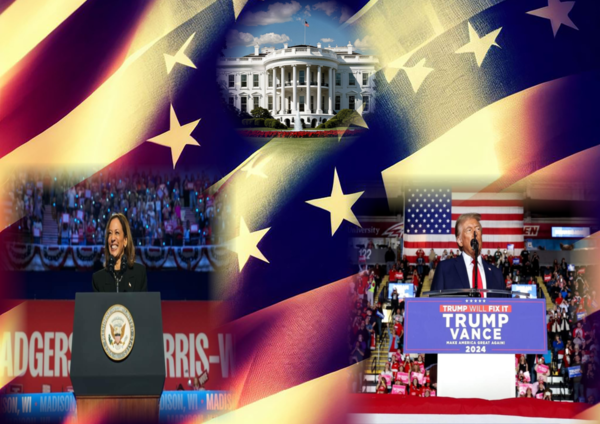 카멀라 해리스(왼쪽) 민주당 후보와 도널드 트럼프 공화당 후보 간 제47대 미국 대통령 선거 개표가 진행되고 있다. (그래픽=미리캔버스)