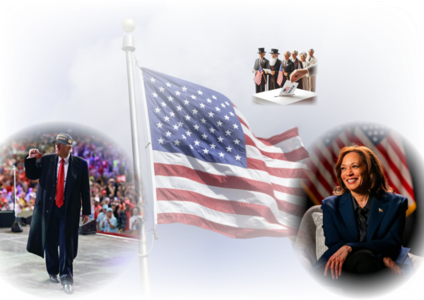 카멀라 해리스(오른쪽) 민주당 후보와 도널드 트럼프 공화당 후보 간 제47대 미국 대통령 선거 개표가 진행되고 있다. (그래픽=미리캔버스)