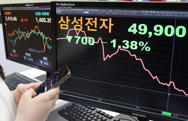 전날 서울 영등포구 여의도 한국거래소에 삼성전자의 종가가 나타나고 있다. (사진=뉴스1)