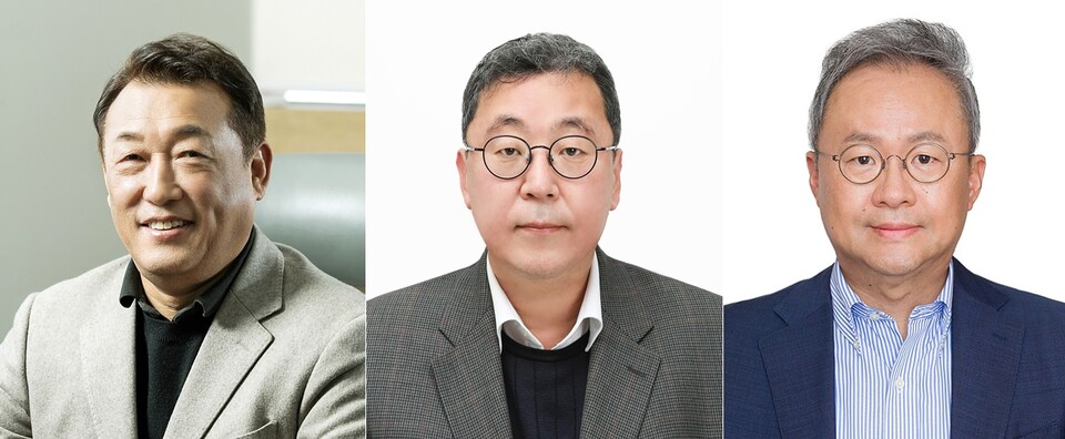 최준영(왼쪽부터) 기아 CSO 사장, 이규복 현대글로비스 대표이사 사장, 백철승 현대트랜시스 대표이사 부사장. (사진제공=현대차그룹)  