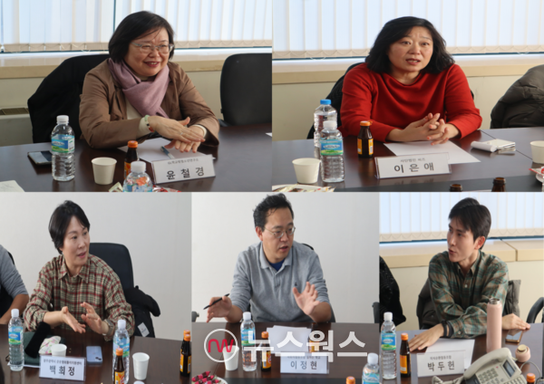 윤철경(왼쪽 상단부터 시계 방향으로) 지엘 학교밖청소년연구소장, 이은애 사단법인 씨즈 대표, 박두헌 지식순환협동조합 사무국장, 이정현 사회협동조합 일하는학교 상임이사, 백희정 광주광역시 은둔형외톨이지원센터장이 22일 서울 인쇄정보빌딩에서 열린 '제4차 고립·은둔청년 지원 자문위원회 회의'에서 발언하고 있다. (사진=박성민 기자)