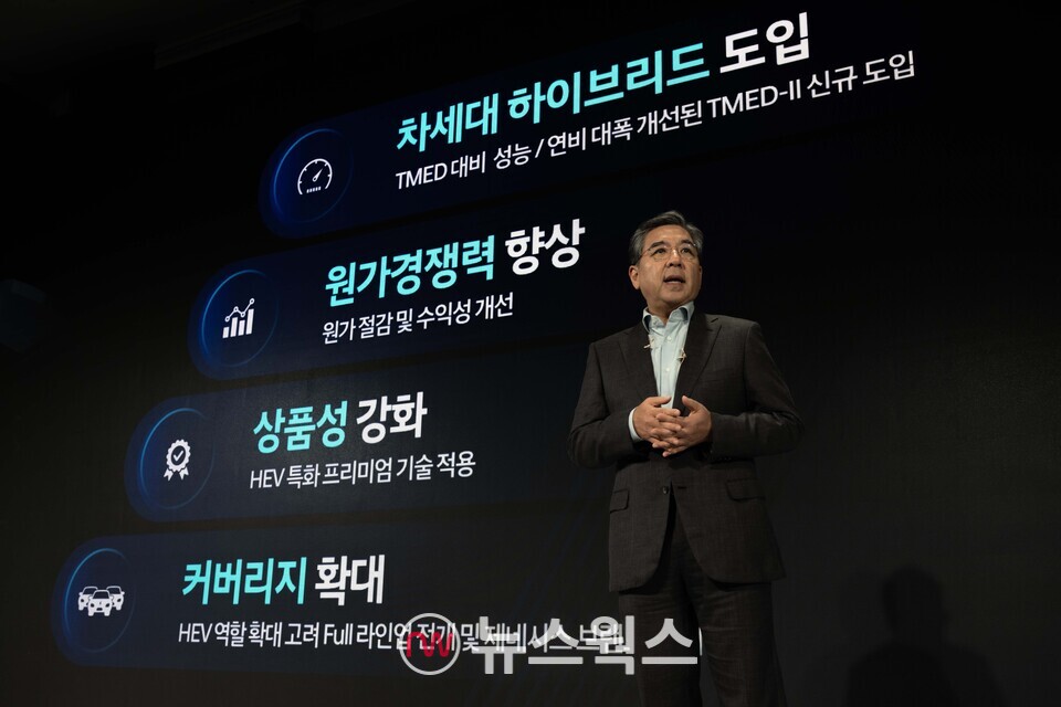 장재훈 현대차 사장이 지난 8월 28일 '2024 CEO 인베스터데이'에서 공개한 하이브리드차 경쟁력 강화 방안을 설명하고 있다. (사진제공=현대차)