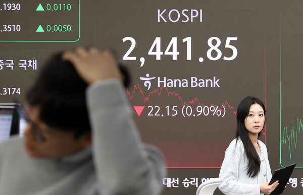 전날 서울 중구 하나은행 본점 딜링룸에서 증시 종가가 표시되고 있다. (사진=뉴스1)