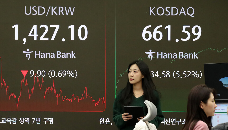 10일 오후 서울 중구 하나은행 본점 딜링룸에 원달러 환율과 증시 종가가 표시되고 있다. (사진=뉴스1)