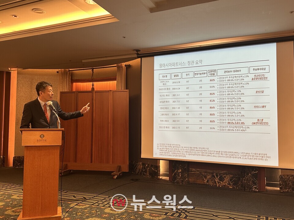 지난 10일 서울 소공동 롯데호텔에서 열린 기자간담회에서 김광일 MBK파트너스 부회장은 '원아시아파트너스 정관'을 설명하고 있다. (사진=정현준 기자)