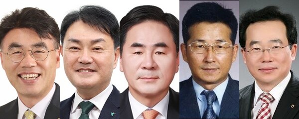 이홍구(왼쪽부터) KB증권 대표. 성영수 하나카드 대표, 기동호 우리금융캐피탈 대표, 송춘수 농협손보 대표, 김창섭 NH저축은행 대표. (사진제공=각사)