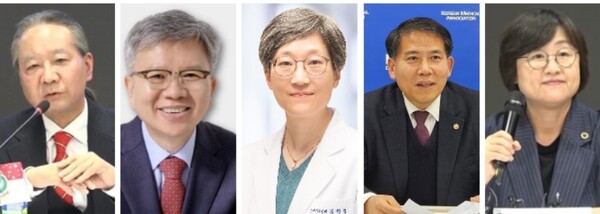 (왼쪽부터) 주수호, 김택우, 강희경, 이동욱, 최안나 의협 회장 후보. (출처=의협 유튜브, 전국광역시도의사협의회, 서울대병원, 개인 페이스북)