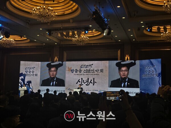 김범석 기획재정부 제1차관이 3일 서울 중구 롯데호텔에서 열린 '2025 범금융 신년인사회'에서 최상목 대통령 권한대행 겸 부총리의 신년사를 대독하고 있다. (사진=박성민 기자)