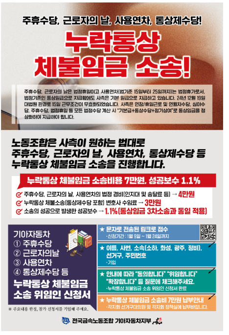 전국금속노조 기아차지부는 지난 3일 소식지를 통해 누락통상 체불임금 소송을 진행한다고 밝혔다. (출처= 전국금속노동조합 기아자동차지부 홈페이지)