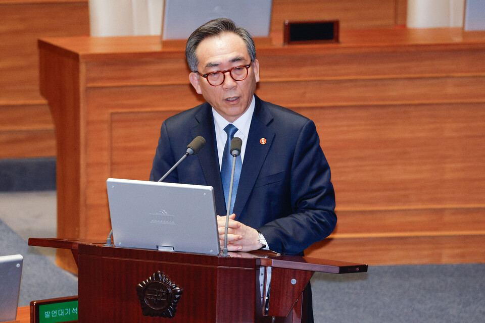 조태열 외교부 장관이 12일 국회에서 열린 제422회국회(임시회) 제4차 본회의에서 윤상현 국민의힘 의원의 정치·외교·통일·안보에 관한 대정부 질문에 답하고 있다. (사진=뉴스1)