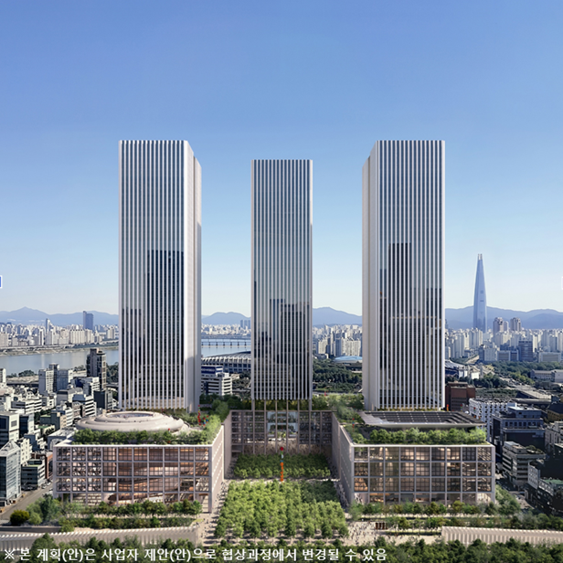 54층 3개 동으로 변경해 새로 제출된 GBC 제안 조감도(안). (출처=서울시)