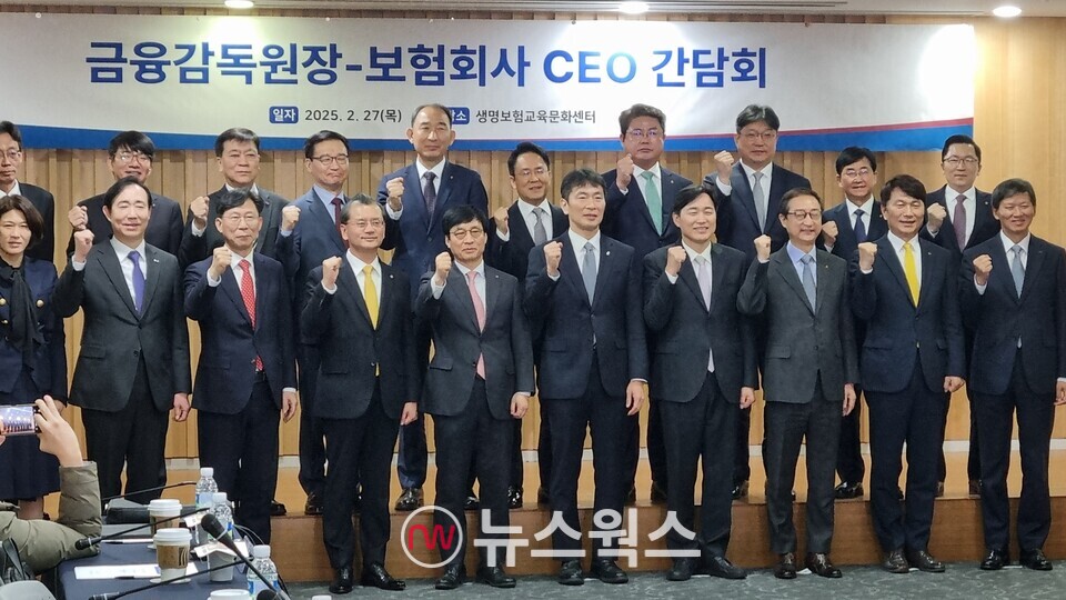 이복현(왼쪽 여섯번째) 금감원장이 간담회에 참석한 이병래 손해보험협회장(오른쪽 네번째)을 비롯해 보험사 CEO 18명과 함께 기념 촬영을 하고 있다. (사진=손일영 기자)