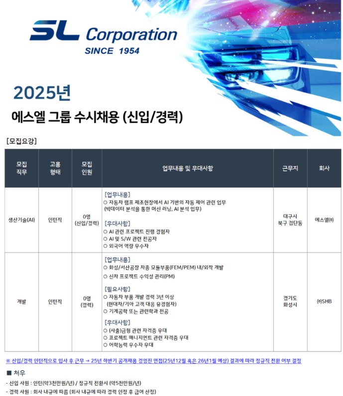 에스엘그룹의 신입·경력사원 수시채용 모집 공고. (출처=에스엘 홈페이지)