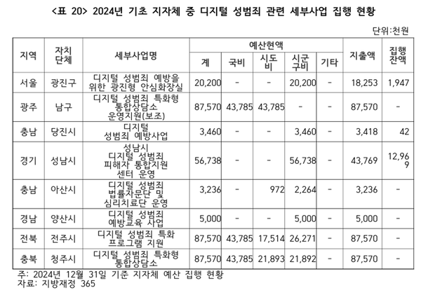 2024년 기초 지자체 중 디지털 성범죄 관련 세부사업 집행 현황 관련 표. (자료=나라살림연소)