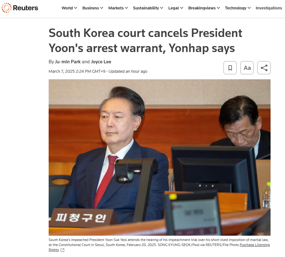 7일 윤석열 대통령의 구속 취소가 결정된 가운데 로이터 등 주요 외신이 이를 긴급하게 보도했다. (출처=로이터통신 홈페이지)