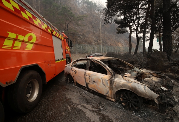 경남 산청 대형 산불이 사흘째로 접어든 23일 오전 산청군 시천면 일대에서 승용차가 산불로 인해 전소돼 있다. (사진=뉴스1)