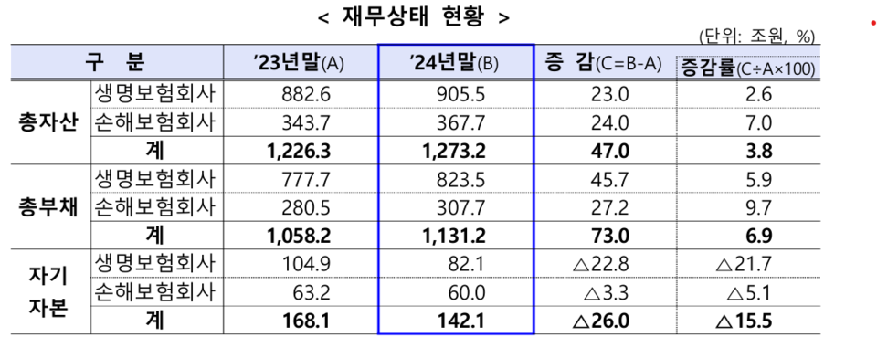 보험사 재무상태 현황. (출처=금융감독원)