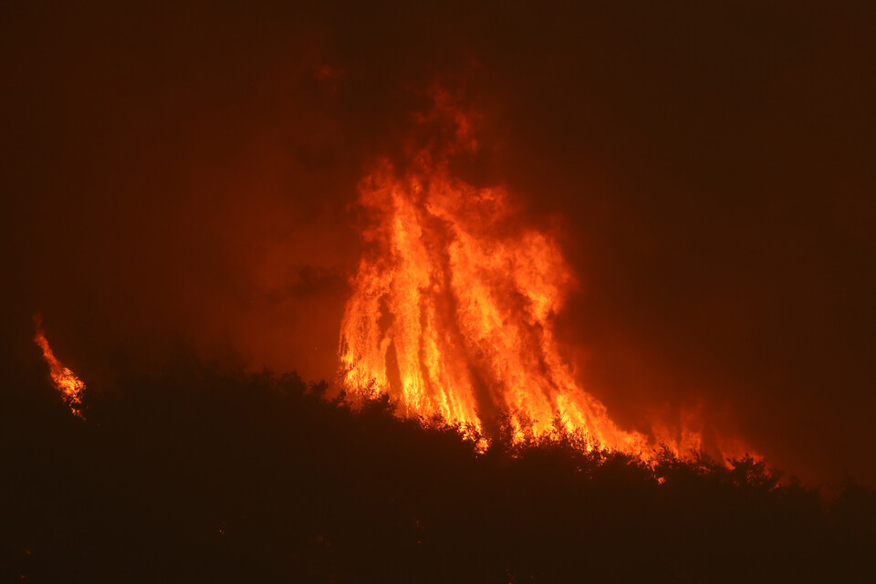 25일 오후 경북 안동시 길안면 백자리에 강풍이 불어 주변 산이 시뻘건 화염에 휩싸여 있다. (사진=뉴스1)