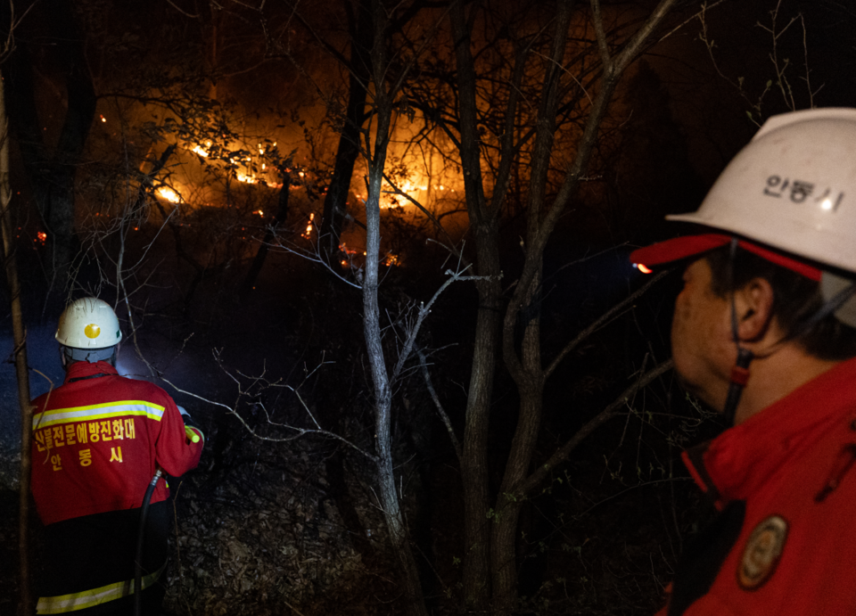 산불이 이어지고 있는 27일 밤 경북 안동시 남후면 일대 야산에서 진화 대원들이 화선 정리 작업을 하고 있다. (사진=뉴스1)
