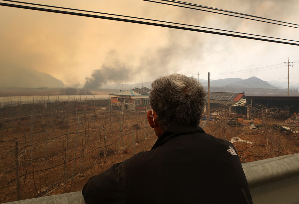 지난 24일 오후 경북 의성군 점곡면 사촌리에 있는 한 저온창고에 강풍을 타고 산불이 번지자 한 주민이 바라보고 있다. (사진=뉴스1)