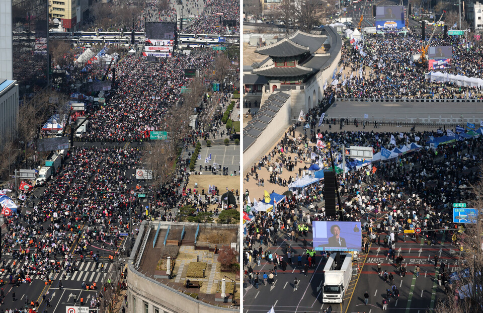 22일 오후 서울 세종대로 사거리 및 세종대로일대에서 열린 윤석열 대통령 탄핵반대집회(왼쪽)와 광화문 앞에서 열린 탄핵찬성집회(오른쪽)에서 참석자들이 구호를 외치고 있다. (사진=뉴스1)