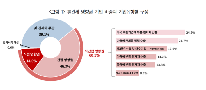 미국 관세 영향권 기업 비중과 기업 유형별 구성. (출처=대한상공회의소)