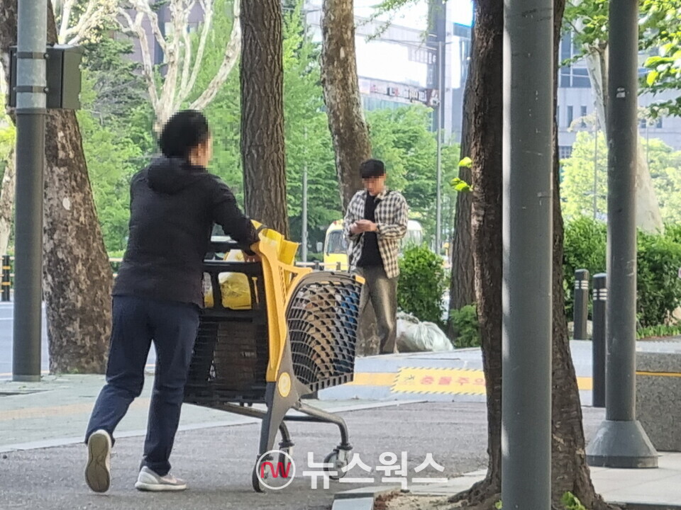 24일 서울 여의도 인근에서 대형마트 이용 고객으로 보이는 인물이 자전거도로에서 카트를 끌고 있다. (사진=김상우 기자)