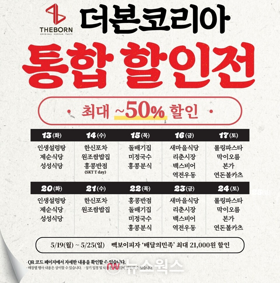 더본코리아가 이달 13일부터 24일까지 2주간 자사 외식 프랜차이즈 브랜드에서 50% 할인 프로모션을 진행한다. (사진제공=더본코리아)